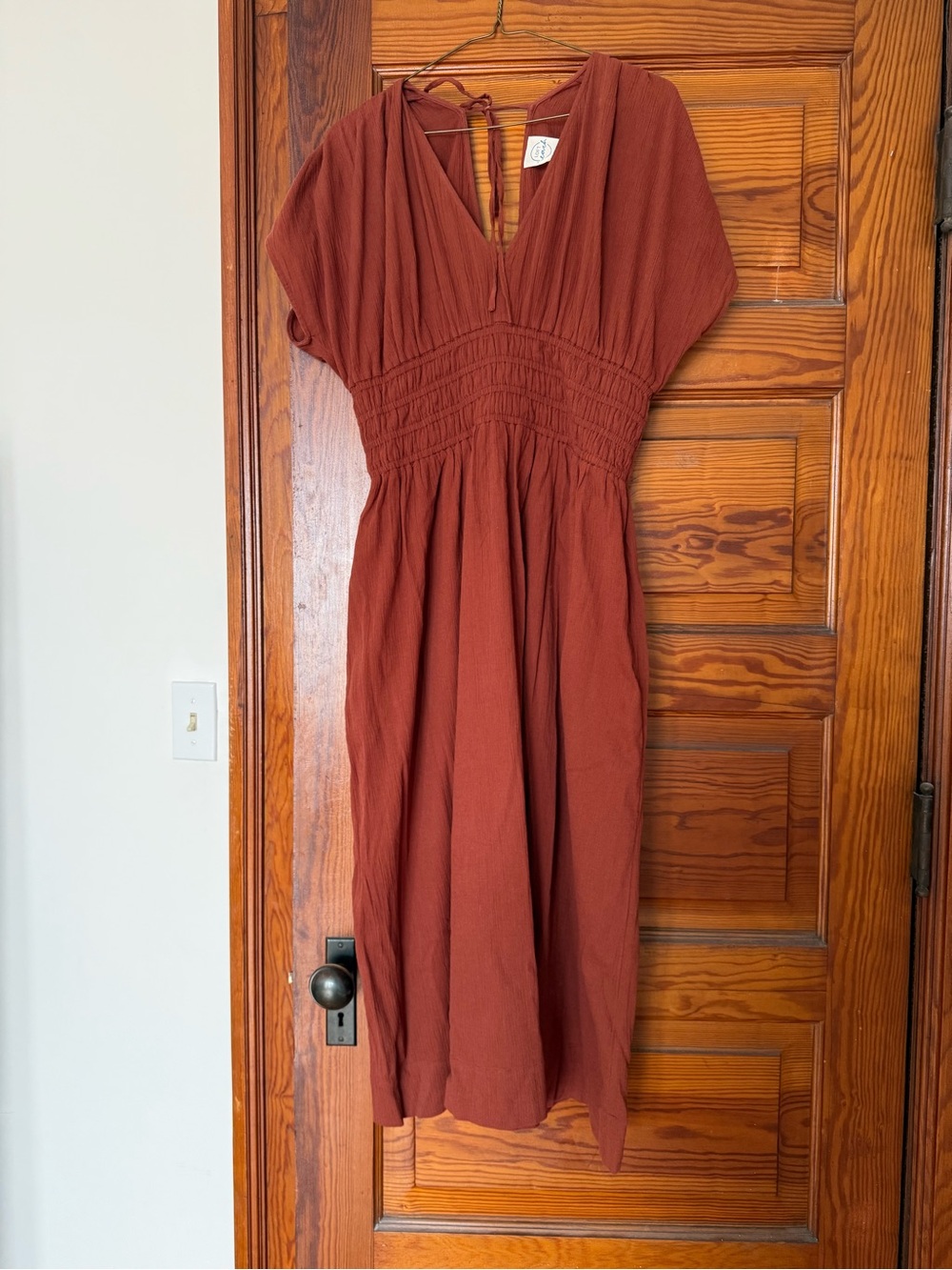 LOFT Rust Midi Dress with V-Neck and Smocked Waist